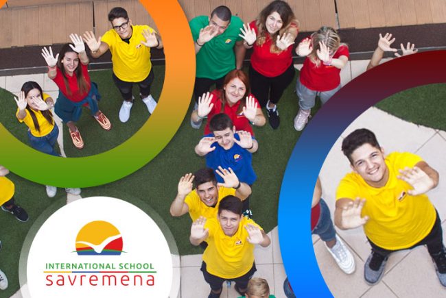 Interantional School Savremena's students forming peace sign